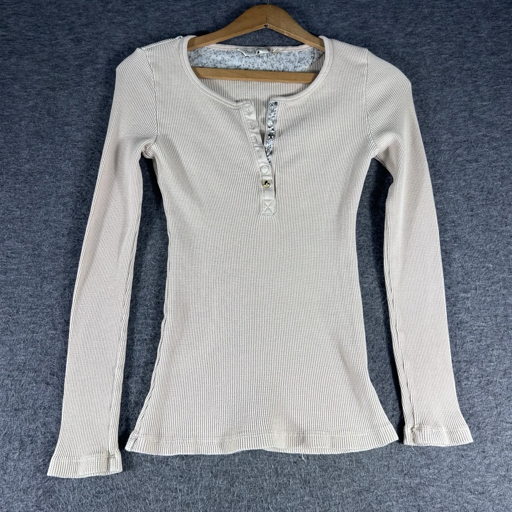 Women's Henley Top SZ XS Fitted Beige Long Sleeve True Grit Cowgirl Y2K